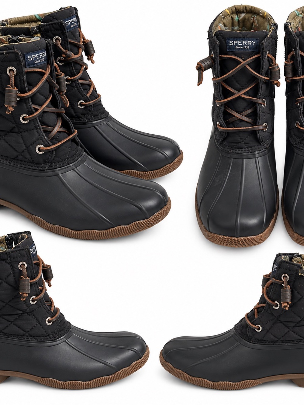 Sperry Black Quilted Lace-Up Duck Boots with Brown Trim